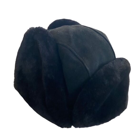 UGG black leather suede sheepskin trapper fur hat